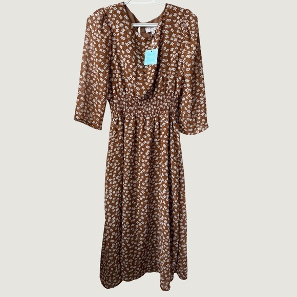 Hayden Los Angeles Dresses & Skirts - Hayden Los Angeles Brown Floral Smocked Midi Dress 3/4 Puff Sleeve NWT Medium